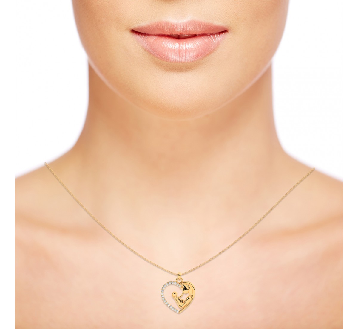 Golden Mother Child Embrace Pendant With Link Chain