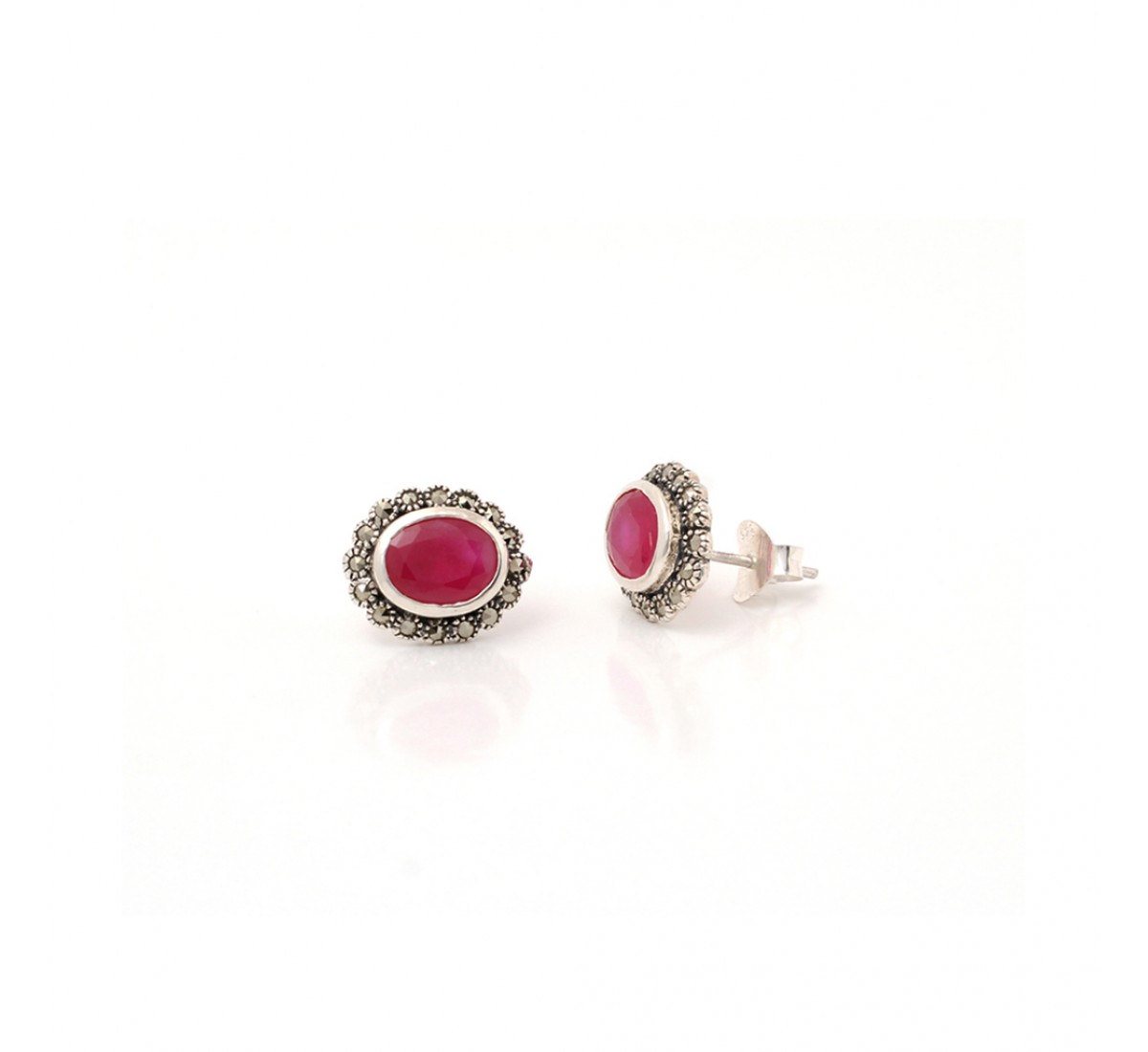 Silver Oxidised Red Oval Shape Studs