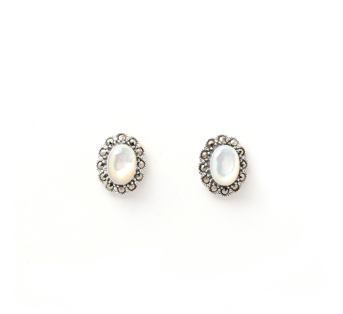 Silver Oxidised White Oval Shape Studs